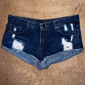 Rue 21 WomenSZ 5‎ Cut Off Denim Blue Jean Distressed Low Rise Frayed Shorts (O)